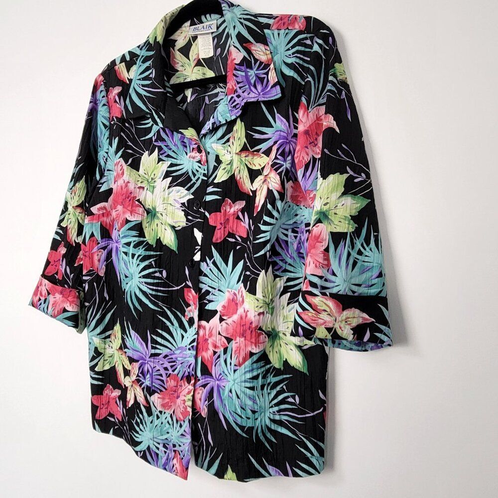 Vintage 90s Blair Tropical Floral Gauzy Textured Button Front Hawaiian Shirt - Picture 2 of 9